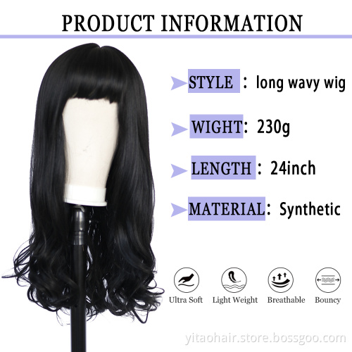 Dark black Wigs with Bangs Long Wavy Wigs for Women Synthetic Brunette Wig with Bangs Heat Resistant Natural Wavy for Daily